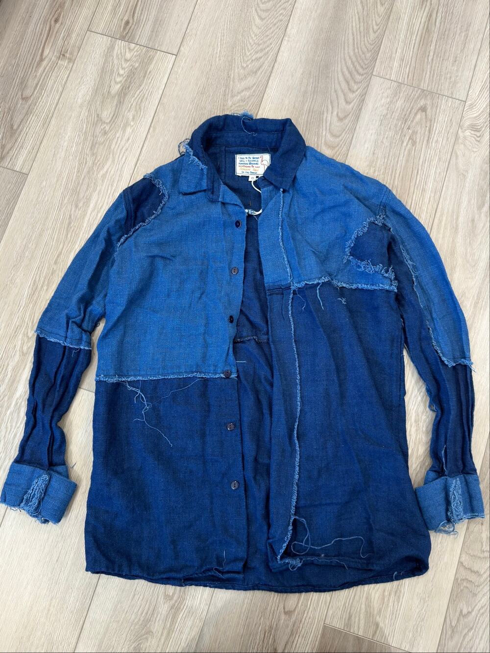 Sandrine Rose X Free People Distressed Patchwork Denim Blue Cotton Button Up S